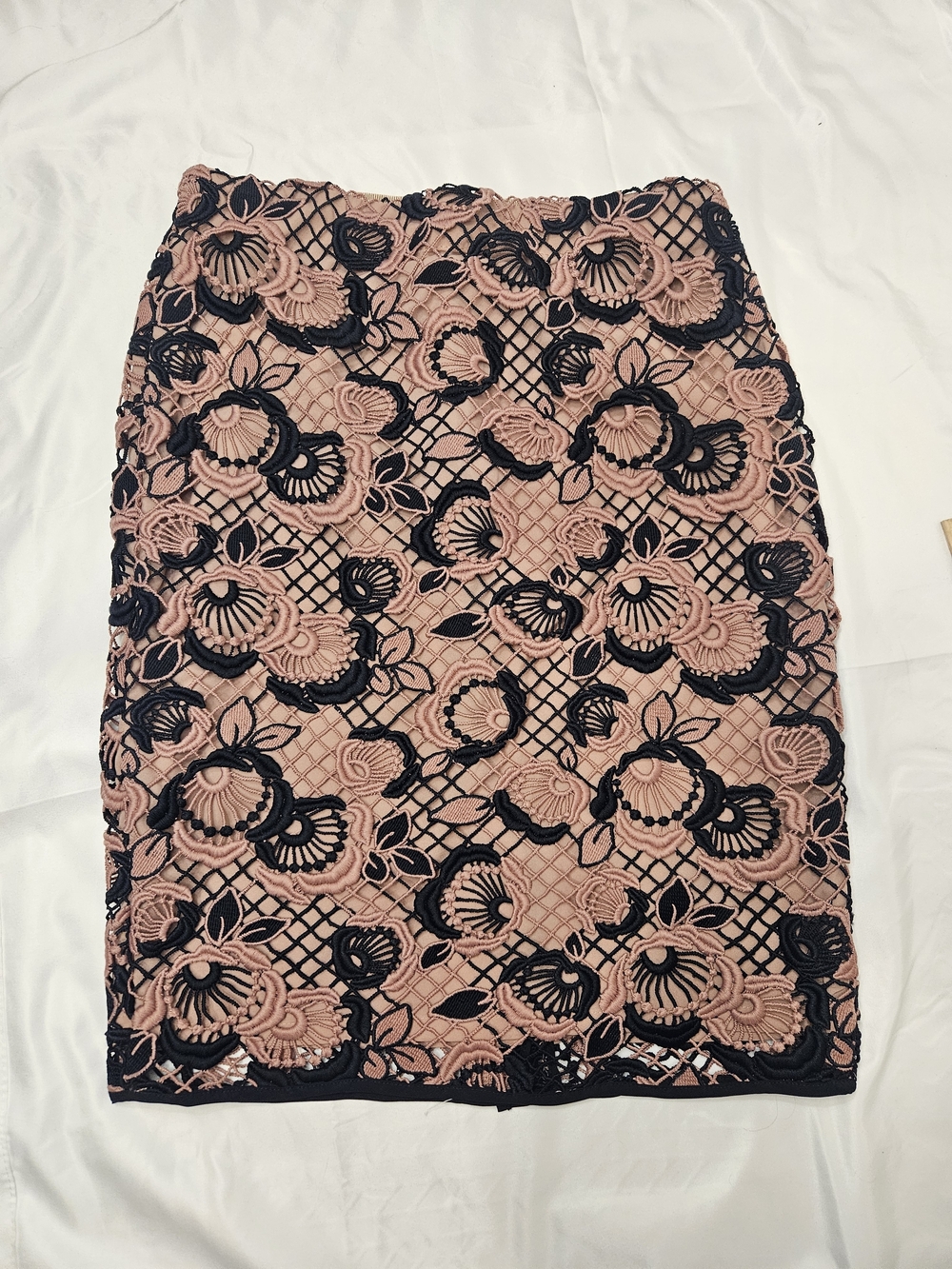 Ann Taylor Pink Pencil Skirt with Black Floral Lace Overlay